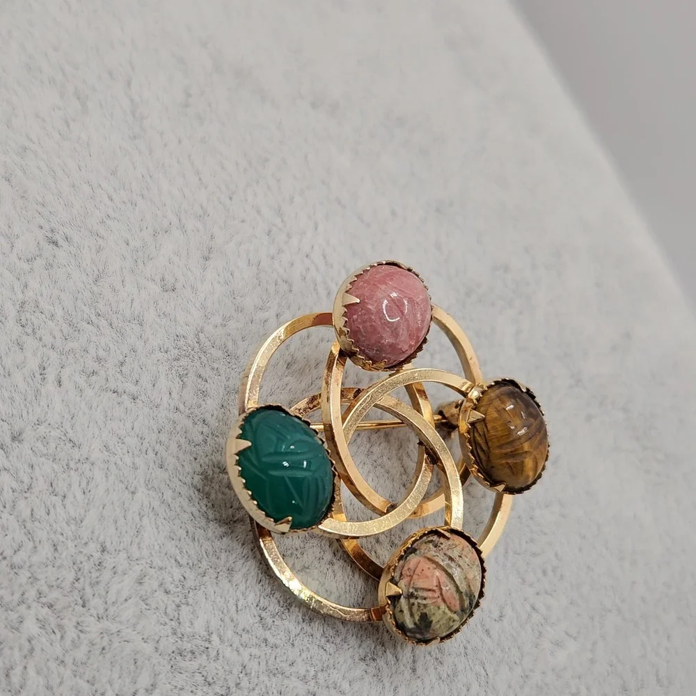 Vintage 12K Gold Filled Scarab Multi Gemstone Egyptian Revival Brooch by Bal Ron
